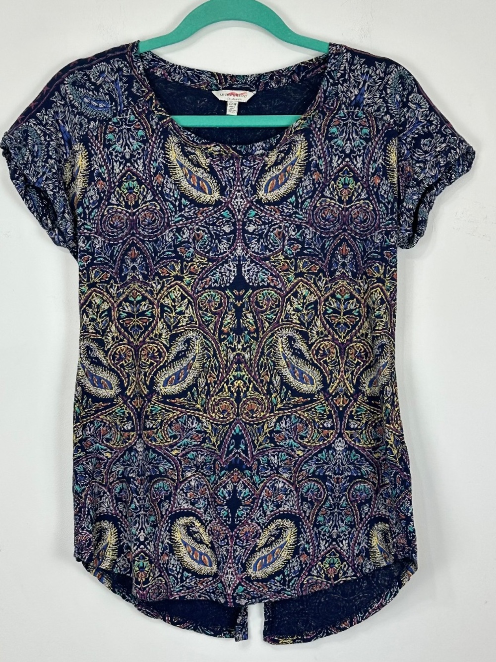 Lucky Brand Boho Short Sleeve Cotton Blend Back Slit Top XS